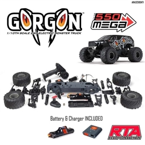 ARA3230SKT1 1/10 GORGON 4X2 MEGA 550 브러시드 몬스터 트럭 조립 준비 완료 키트(배터리 및 USB충전기 포함)