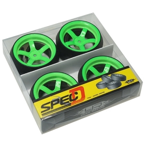 WL-0087  Spec D 5 Spokes Wheel Offset +6 Green w/Tire 4pcs For 1/10 Drift